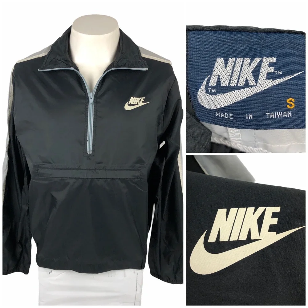Nike Mens Small Windbreaker Anorak Nylon Black Gray Vintage 1/2 Zip 80s Rare